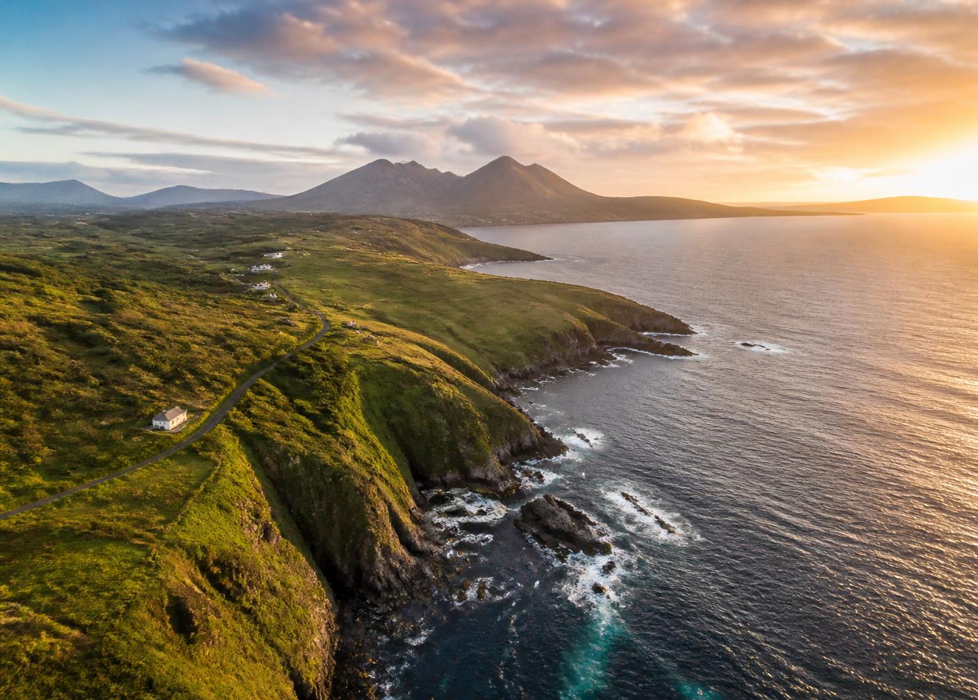 Aerial view of the County Mayo coastline at golden hour